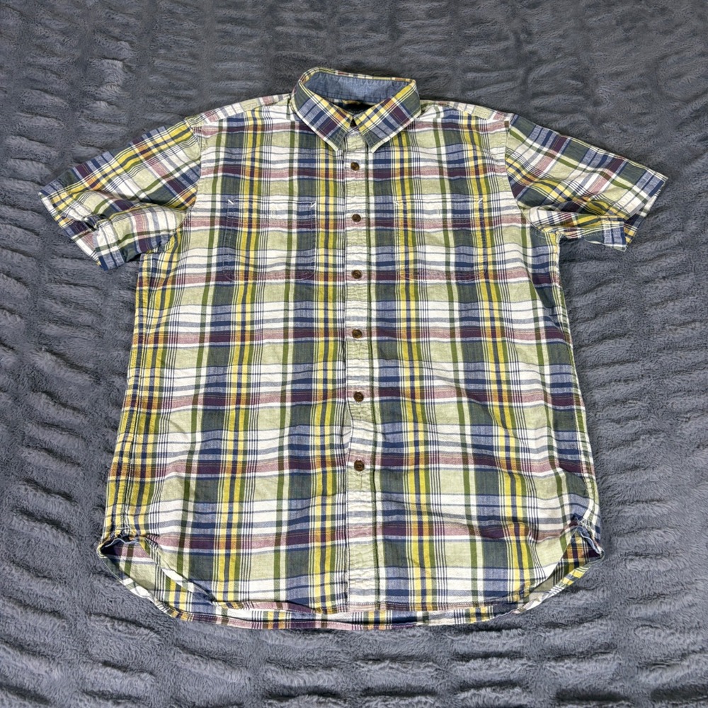 LL Bean Signature Mens Slim Fit Cotton Linen Plaid Short Sleeve Shirt Green M